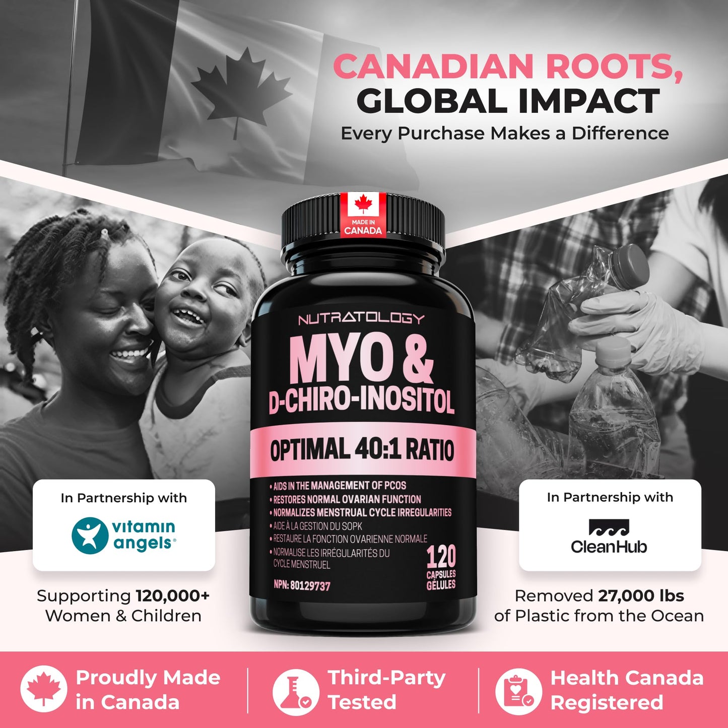 Nutratology® Myo-Inositol & D-Chiro Inositol Capsules - PCOS Supplement for Women - Optimal 40:1 Ratio - For Hormonal Balance & Healthy Ovarian Function - Regulates Menstrual Cycle - 120 Capsules - Available at All In One Marketplace Canada