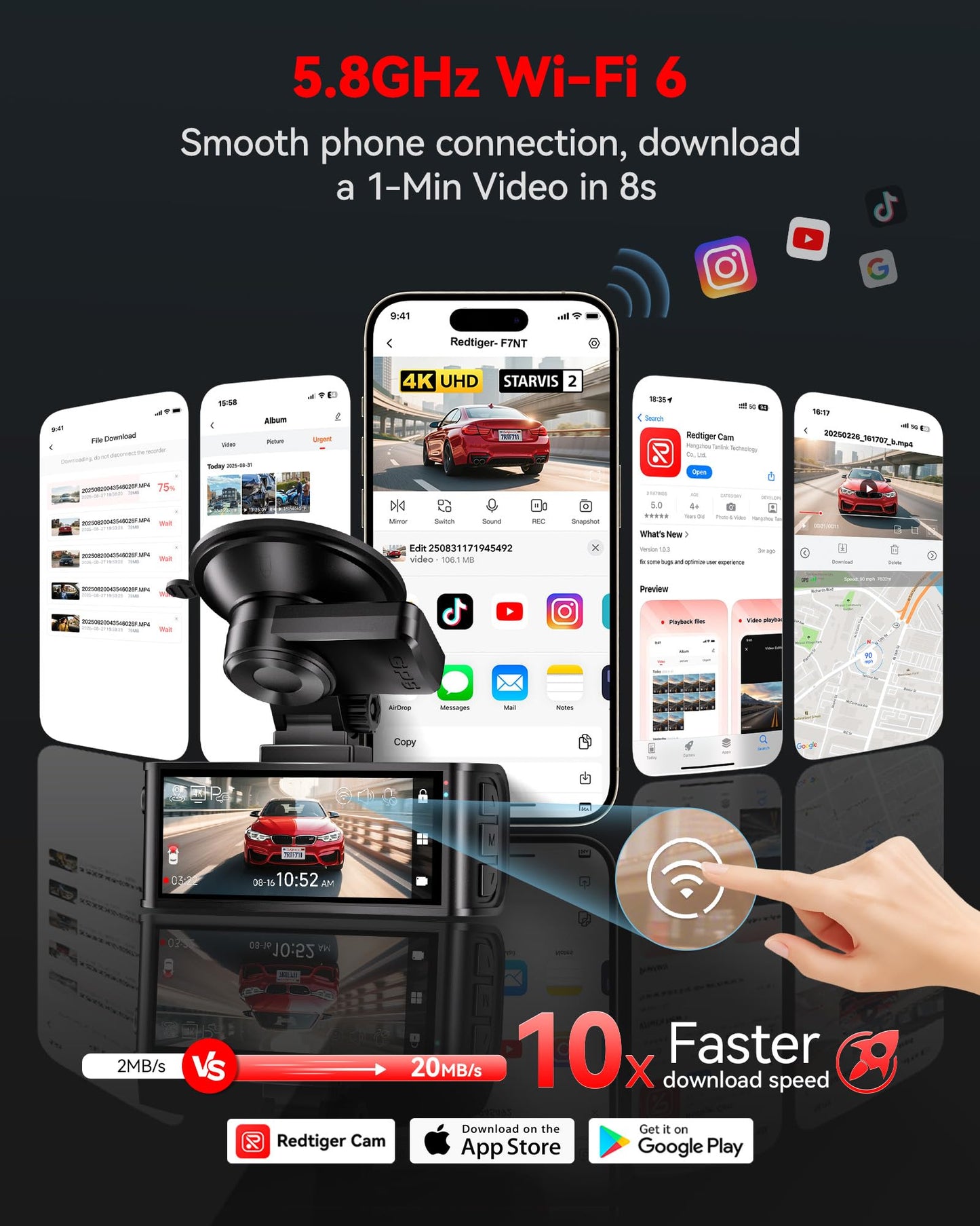 REDTIGER 4K Dash Cam Front and Rear, STARVIS 2 Sensor, Touch Screen 3.18", Voice Control, 20MB/s 5.8GHz WiFi 6 Car DashCam with 128GB Card, GPS, Night Vision, Emergency Lock, Parking Mode(F7N Touch)