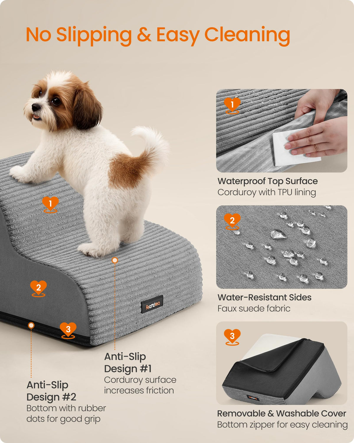 Feandrea 2-Step Dog Stairs, Dog Steps for Bed, Sofa, Waterproof Pet Stairs with Anti-Slip Designs, Gentle Slope, Removable Washable Cover, Handle, Dove Grey UPPS002G01