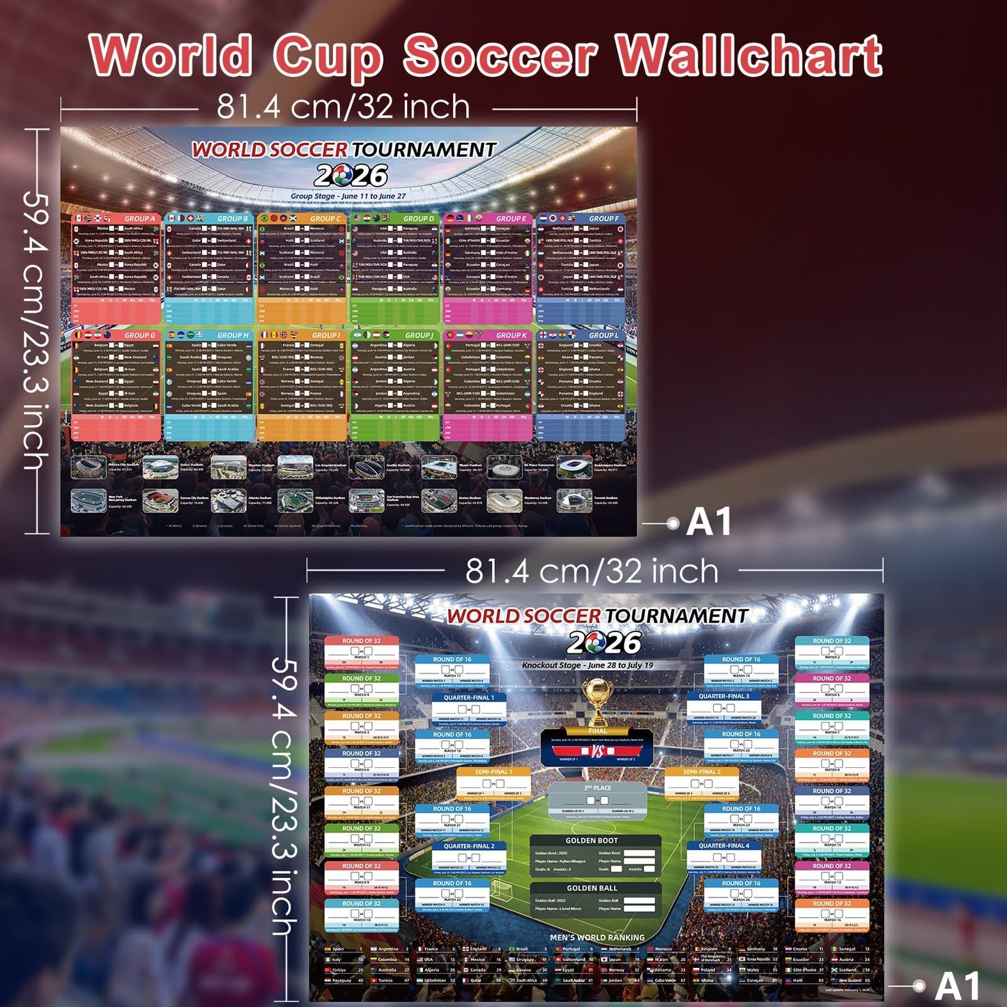 AhfuLife Soccer Schedule Poster 2026, A2 Size-23.3" x 16.5", 2 Pcs Match 2026 Calendar Wall Chart Decorations, Soccer Tournament Wallchart for Fans Home Office Bar Party Decor - Available at All In One Marketplace Canada