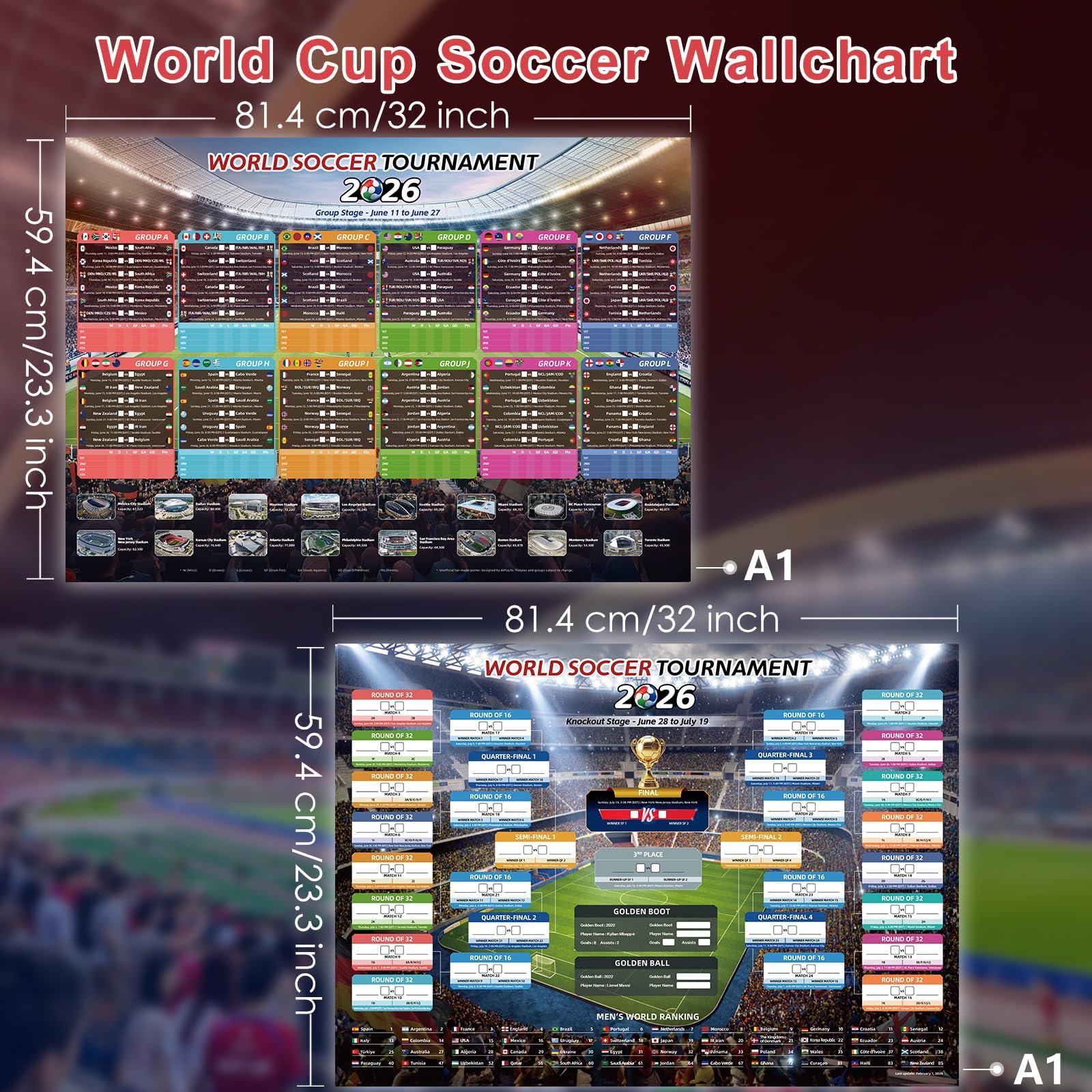 AhfuLife Soccer Schedule Poster 2026, A2 Size-23.3" x 16.5", 2 Pcs Match 2026 Calendar Wall Chart Decorations, Soccer Tournament Wallchart for Fans Home Office Bar Party Decor - Available at All In One Marketplace Canada
