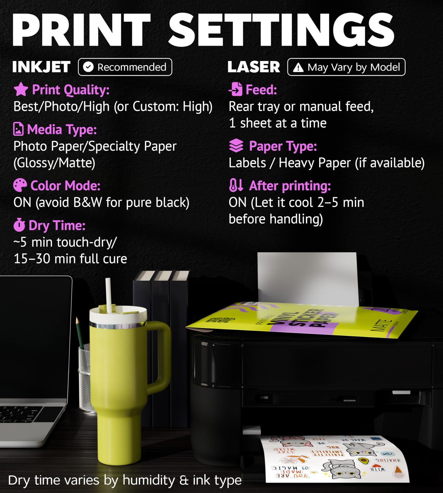 Premium Printable Vinyl Sticker Paper for Inkjet Printer and Laser - 20 White Matte Sticker Paper Waterproof - Durability Adhesive Paper 8.5 x 11, Fast Dry, Holds Ink Well, Great for Cutting Machines