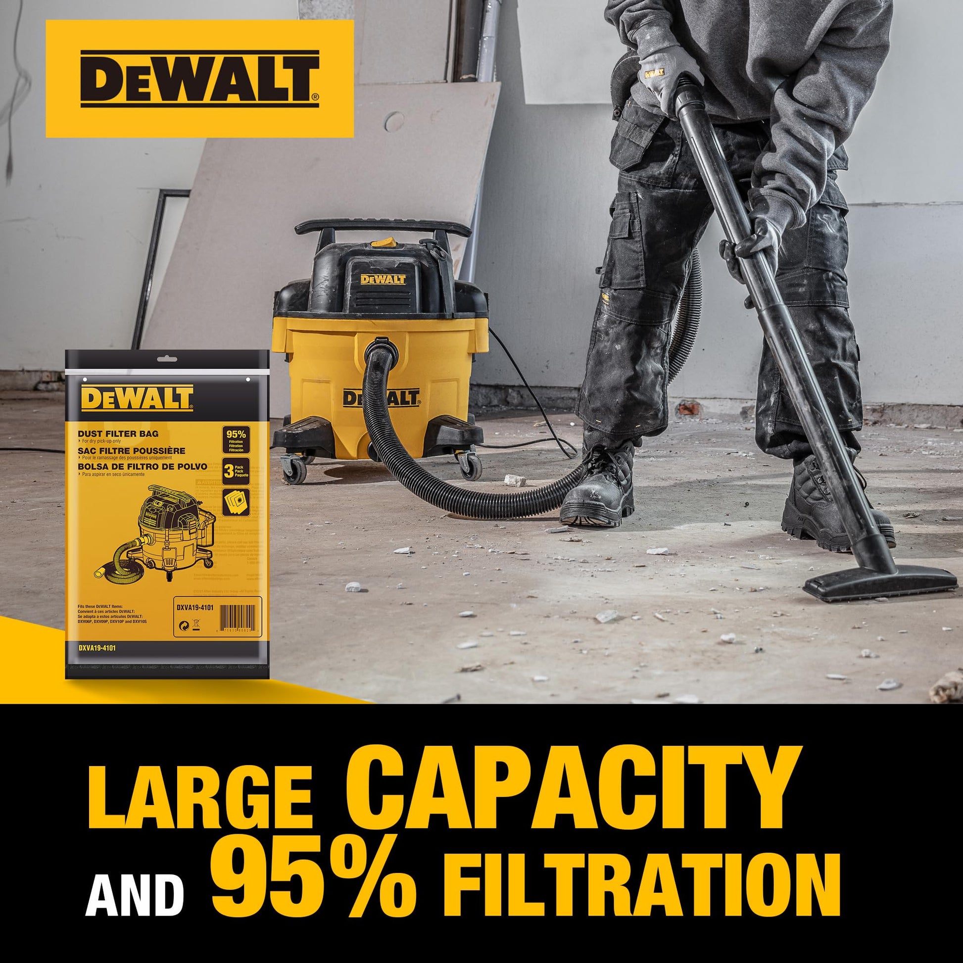 3 Pack DEWALT Dust Bag DXVA19-4101, for 6-10 Gallon Wet/Dry Vacuum, DEWALT Vacuum Bags, Compatible with DXV06P DXV09P DXV09PA DXV10P DXV10PL DXV10S DXV10SA DXV10SB DEWALT