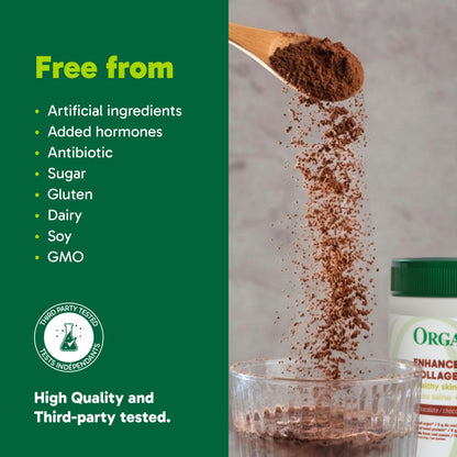 Organika Chocolate Enhanced Collagen Powder (Type 1 & 3) – 10g Per Serving for Hair, Skin, Nails & Joints – Canadian-Made, Grass-Fed, Non-GMO, 504g