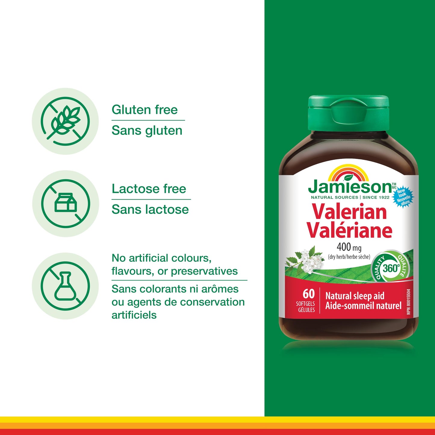 Jamieson Valerian 400 mg, Calming, Melatonin-Free, Natural Herbal-Based Sleep Aid, Reduces Nervousness and Restlessness. Gluten-Free, 60 Softgels, Proudly Canadian - Available at All In One Marketplace Canada