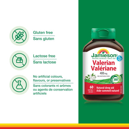 Jamieson Valerian 400 mg, Calming, Melatonin-Free, Natural Herbal-Based Sleep Aid, Reduces Nervousness and Restlessness. Gluten-Free, 60 Softgels, Proudly Canadian - Available at All In One Marketplace Canada