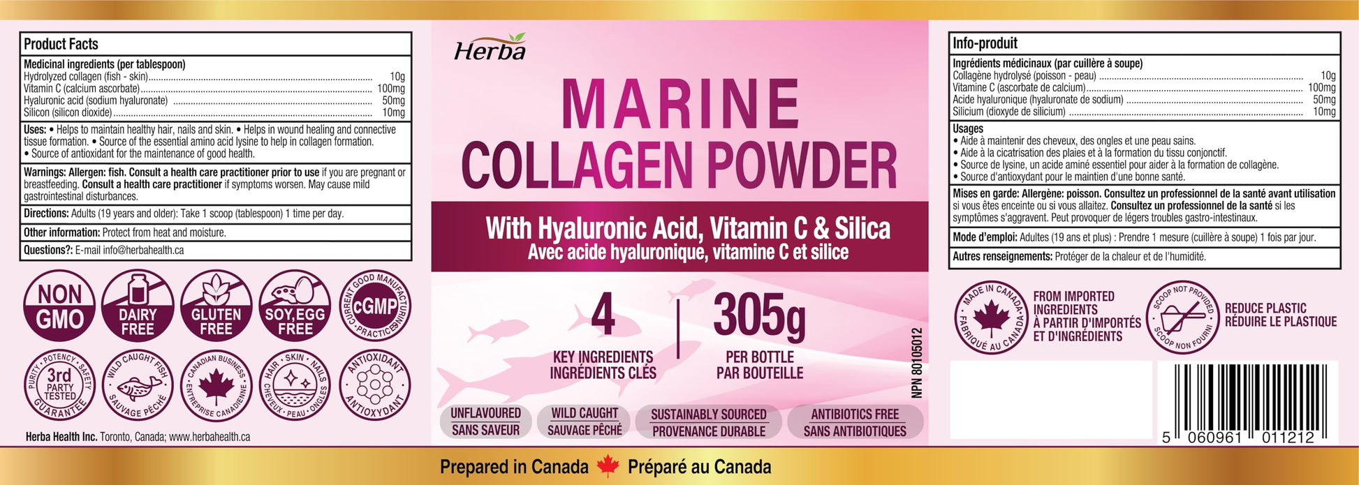 Herba Marine Collagen Powder for Women & Men with Hyaluronic Acid, Vitamin C, and Silica – 305g | Made in Canada | Wild Caught | Hydrolyzed Collagen Peptides | Antibiotics Free | Sustainably Sourced - Available at All In One Marketplace Canada