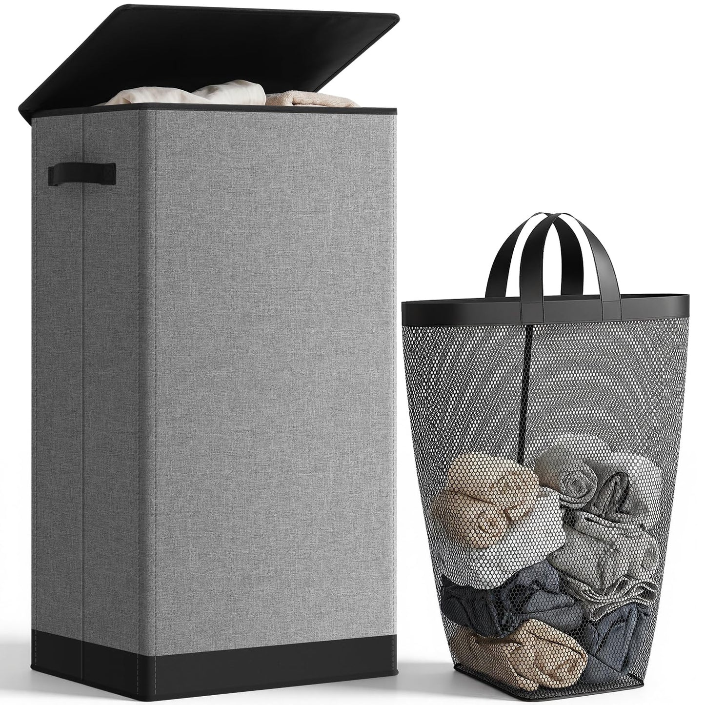 SOLEDI 100L Laundry Basket with Lid Large Laundry Hamper, Clothes Hamper with Laundry Bag Easy to Carry, Collapsible Storage Bins for Bedroom, Bathroom, Dorm, Apartment, College, Wardrobe, Grey