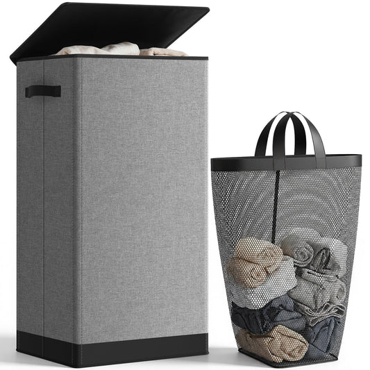 SOLEDI 100L Laundry Basket with Lid Large Laundry Hamper, Clothes Hamper with Laundry Bag Easy to Carry, Collapsible Storage Bins for Bedroom, Bathroom, Dorm, Apartment, College, Wardrobe, Grey