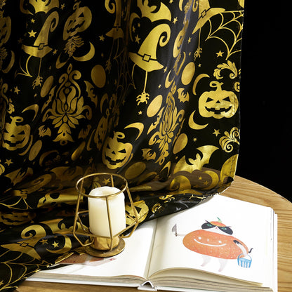 Rideaux d'Halloween NICETOWN, 84 pouces de long, rideaux transparents effrayants avec motifs de crânes, décorations de fête avec squelettes et citrouilles, habillage de fenêtre pour intérieur et extérieur, design à œillets, L52 x H84, noir, 2 panneaux