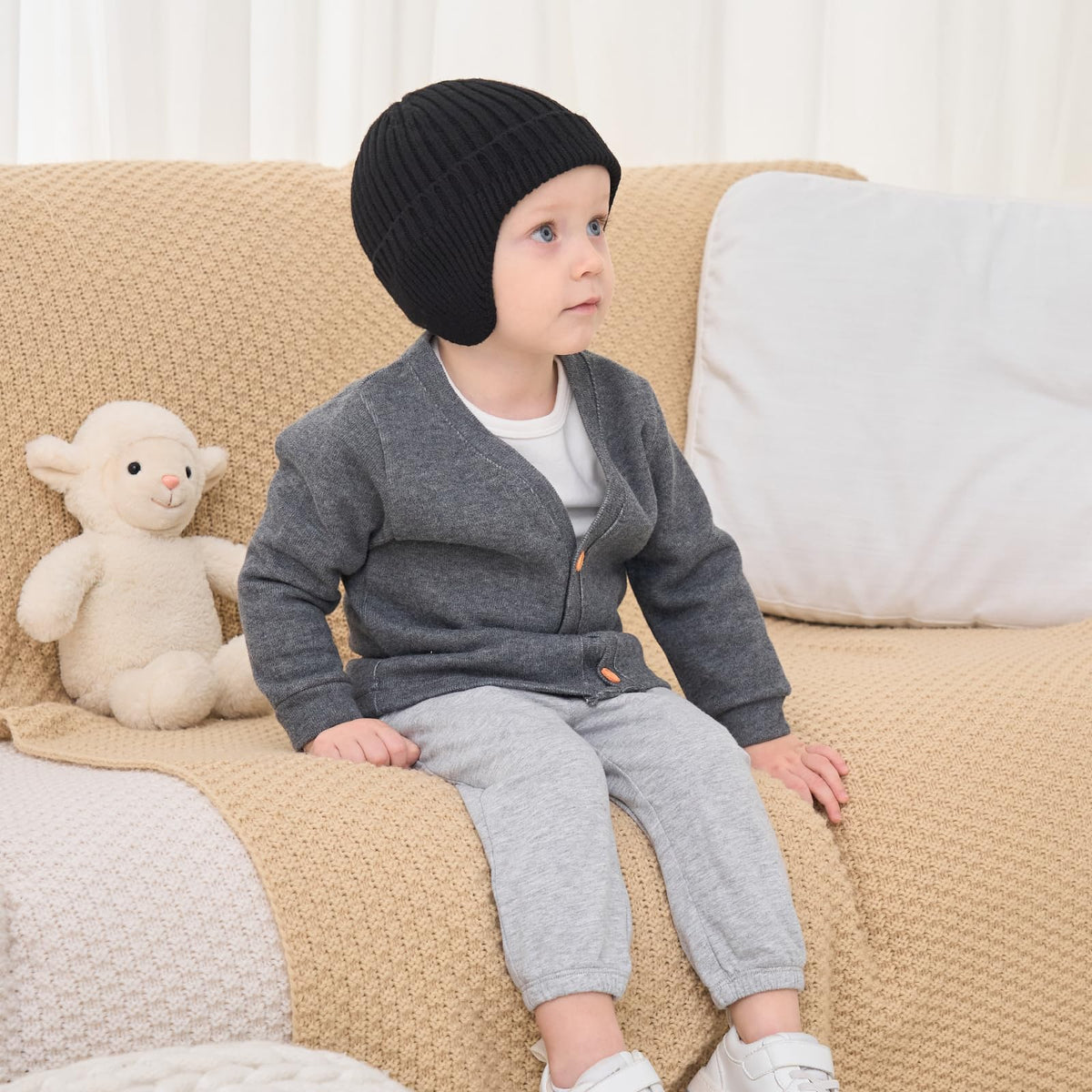 WATAME Infant Toddler Winter Hat with Earflap Thick Warm Baby Beanie Soft Knit Kids Beanies Boys Girls Hats Outdoor (CA/US, Alpha, Small, Navy+Gray) 🍁 All In One Marketplace Canada