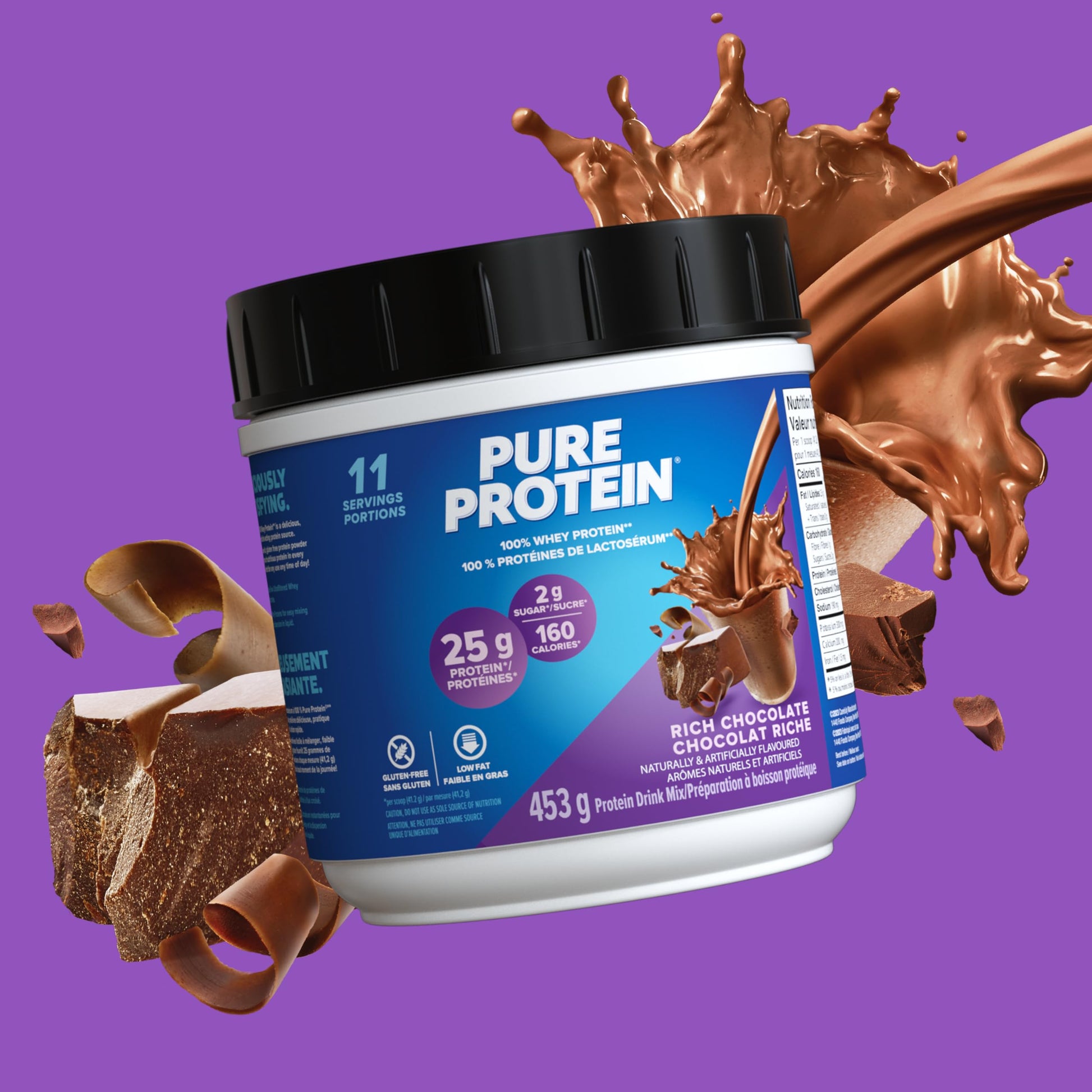 Pure Protein Whey Powder - High Protein (25 g/scoop), Low Sugar (2 g/scoop), Gluten Free - Fast-Acting Formula, Chocolate, 453g - Available at All In One Marketplace Canada