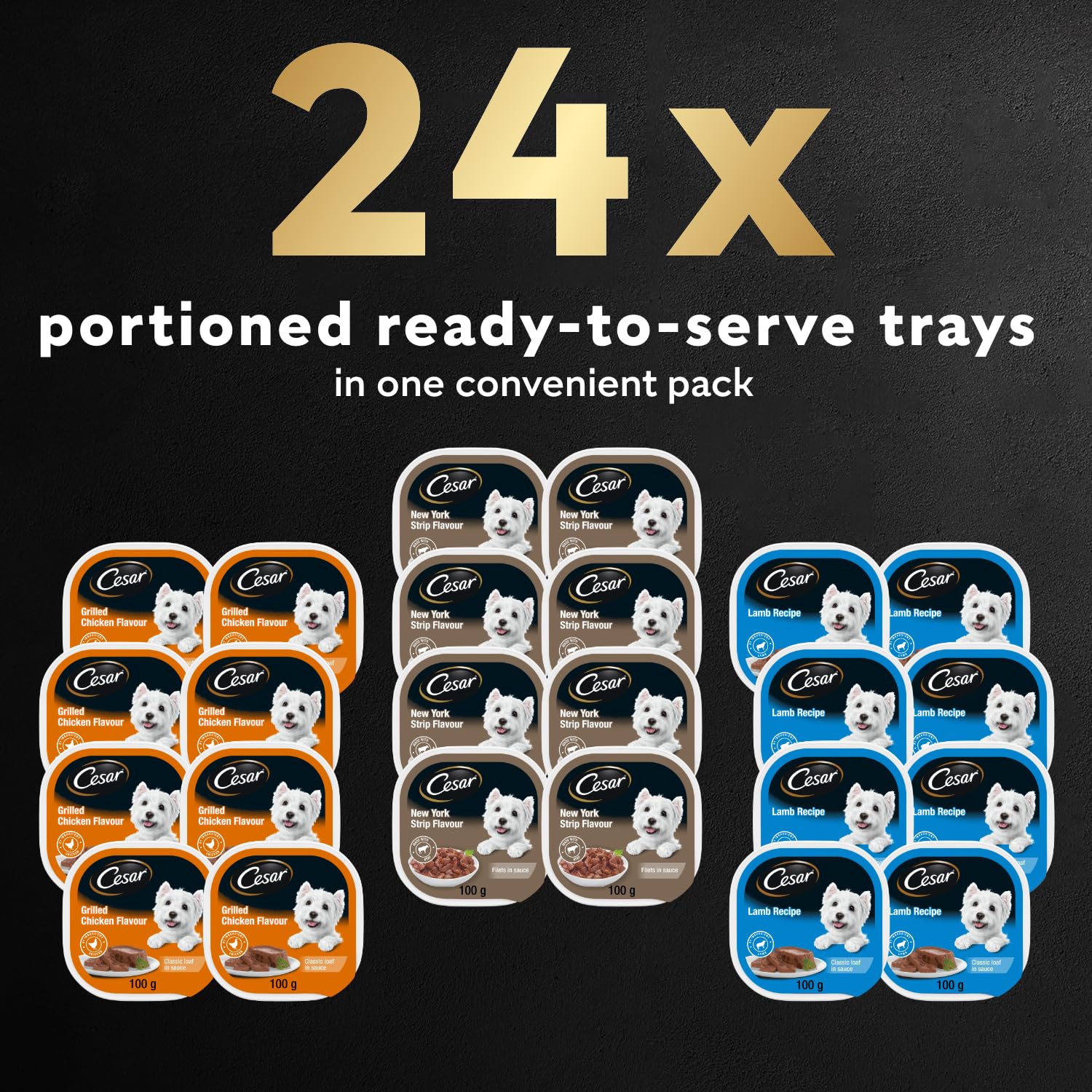 CESAR Classic Loaf in Sauce Adult Wet Dog Food Variety Pack, with 8 Grilled Chicken Flavour, 8 NY Strip Flavour & 8 Lamb Recipe, 24x100g Trays - Available at All In One Marketplace Canada