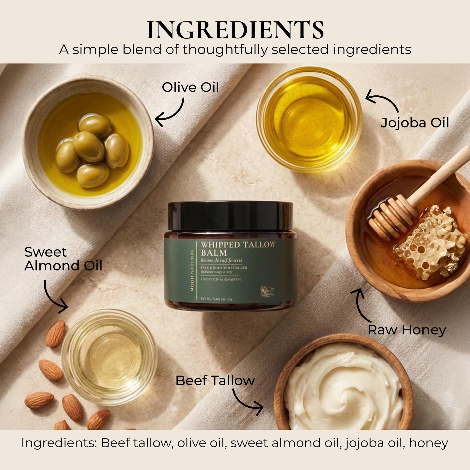 Whipped Beef Tallow Moisturizer - 100% Grass-Fed Tallow Face Balm with Honey, Jojoba Oil, Olive Oil & Sweet Almond Oil - Unscented - 120ml/4oz - Available at All In One Marketplace Canada
