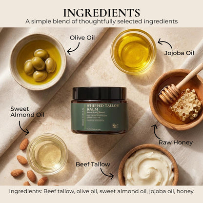 Whipped Beef Tallow Moisturizer - 100% Grass-Fed Tallow Face Balm with Honey, Jojoba Oil, Olive Oil & Sweet Almond Oil - Unscented - 120ml/4oz - Available at All In One Marketplace Canada