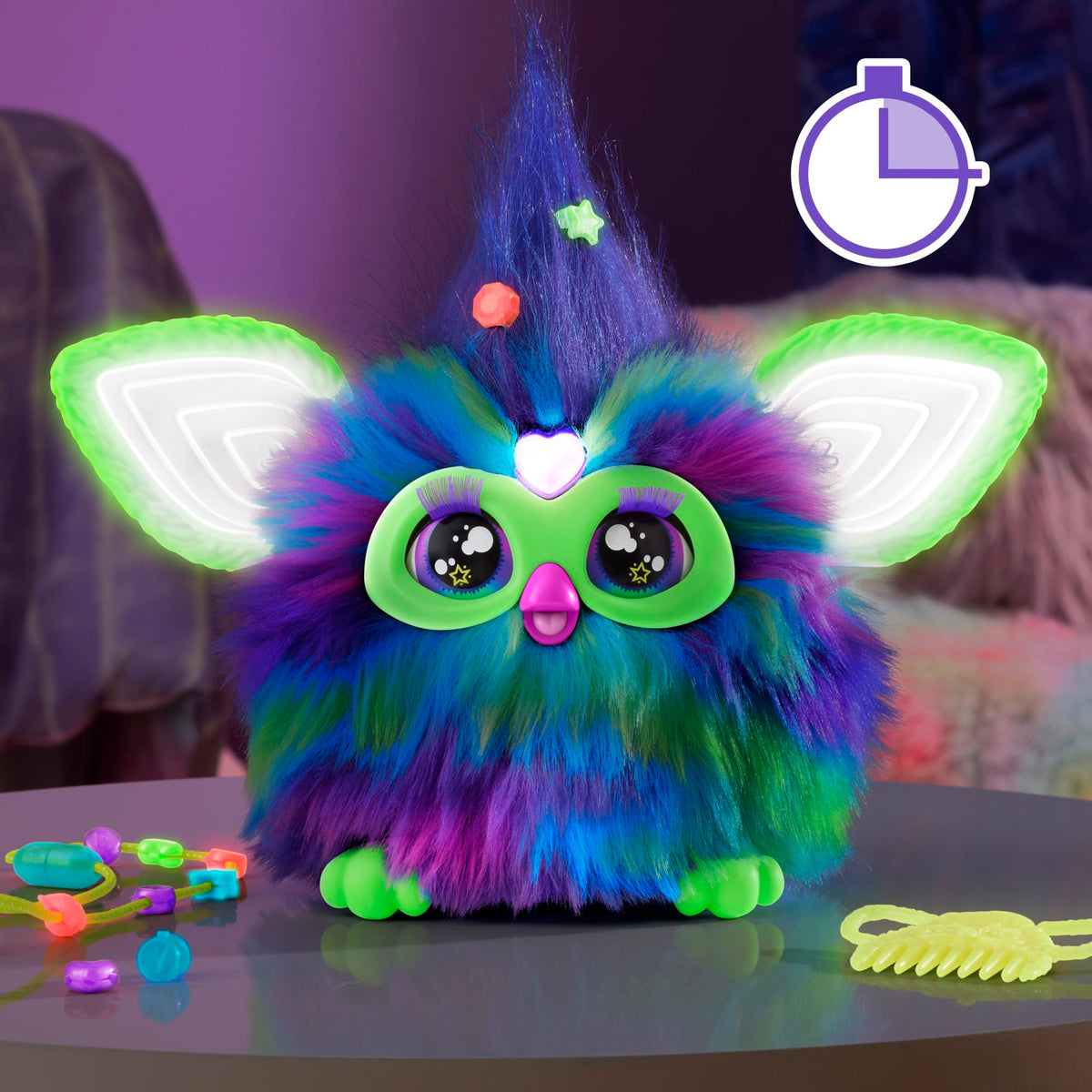 Furby Galaxy Edition, Glow in the Dark, 15 Fashion Accessories, Interactive Plush Toys for 6 Year Old Girls & Boys & Up, Voice Activated Animatronic (English Version)