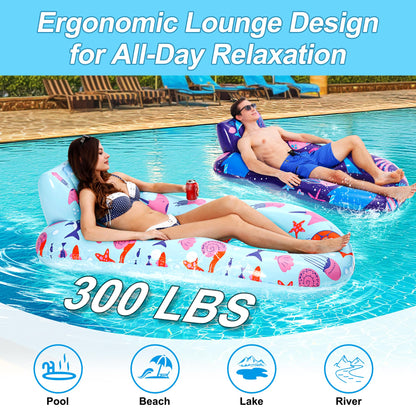 PuppyuWill 2 Pack Pool Floaties for Adults, Inflatable Pool Lounger Float Heavy Duty with Cup Holder, Backrest & Footrest Pool Lounge Float Extra Large Pool Rafts for Adults Beach Lake Party