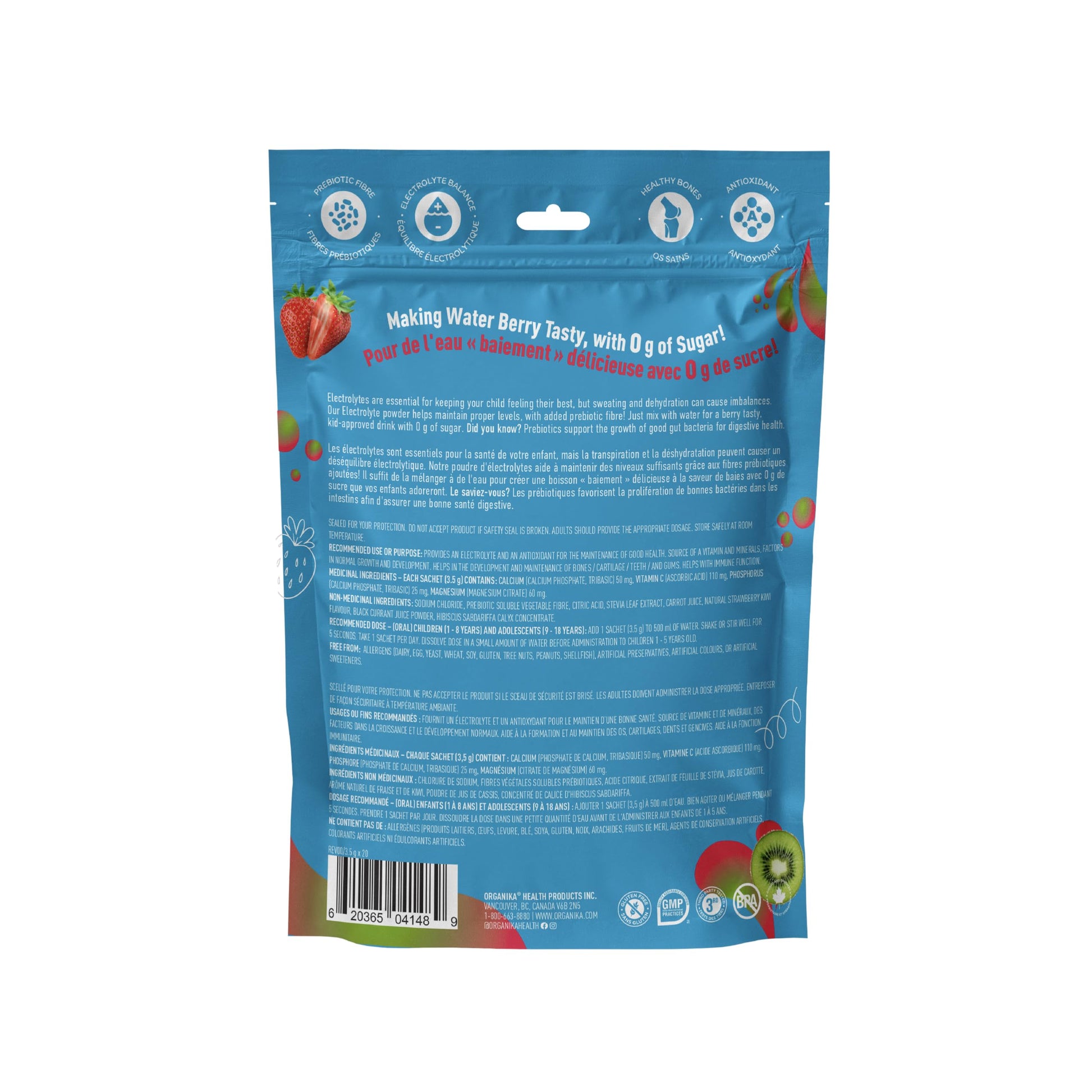 Organika Kids Electrolytes Powder Sticks - Sugar-Free Hydration + Immune support with 100% of daily Vitamin C, Minerals and Prebiotic Fibre | Strawberry Kiwi Flavour - 3.5g x 20 sachets - Available at All In One Marketplace Canada