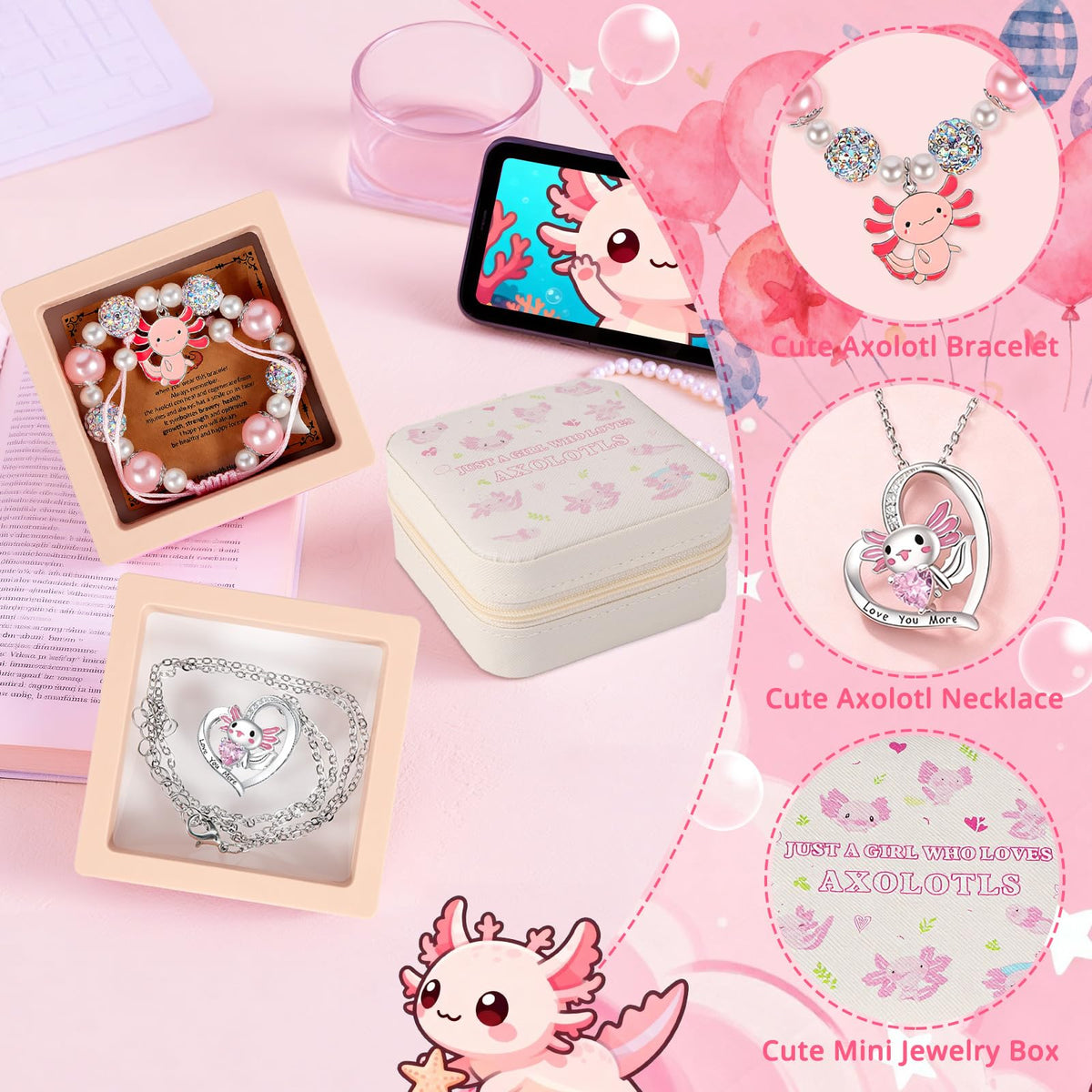 Axolotl Gift Set for Girls，Cute Axolotl Themed Gift Box with Fluffy Diary with lock and keys, Stickers, Pen and More Axolotl Accessories, Christmas Birthday Gifts for Girls 🍁 All In One Marketplace Canada