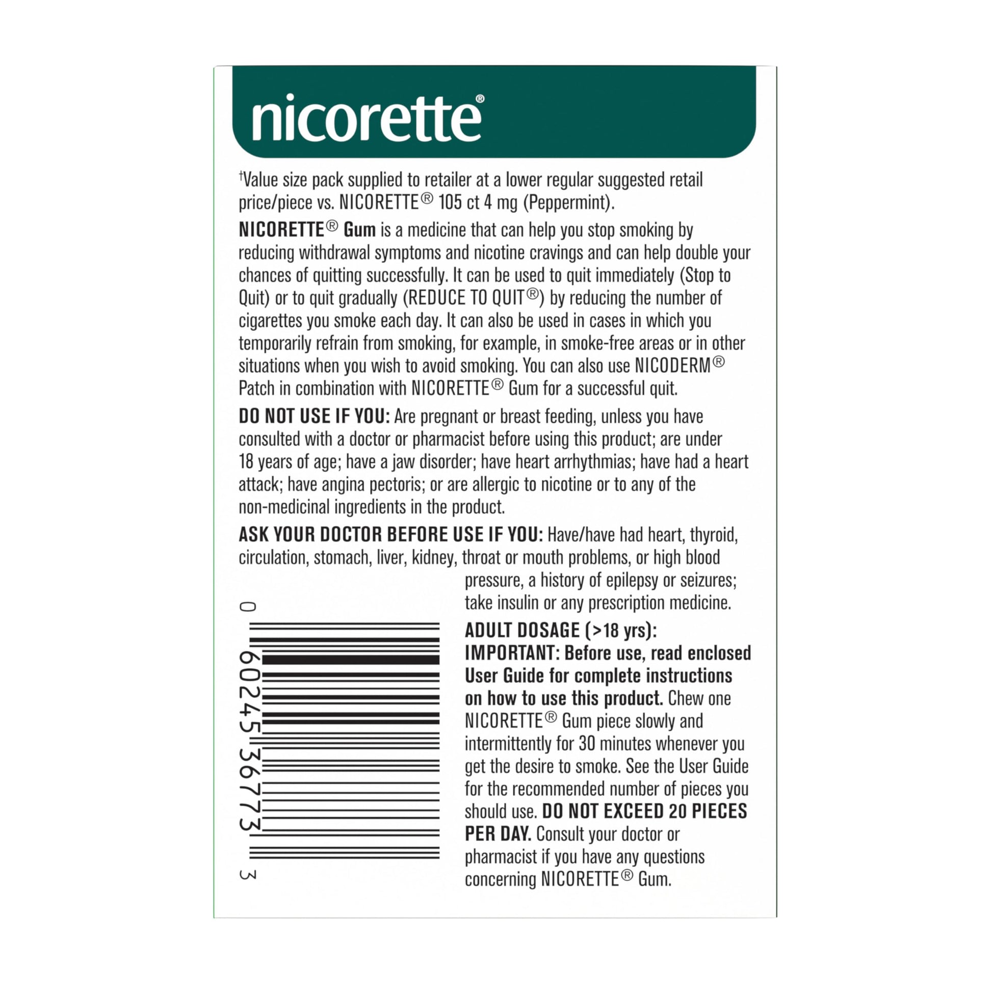 Nicorette Peppermint Gum, 4MG, Quit Smoking, Nicotine Gum, Smoking Cessation Aid, NRT, Reduce Cravings, 210 Pack Nicorette