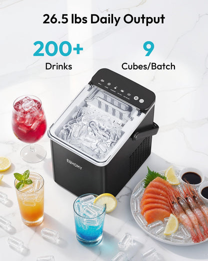 EUHOMY Countertop Ice Maker, 9 Cubes in 6 Min, Auto-Cleaning, Black