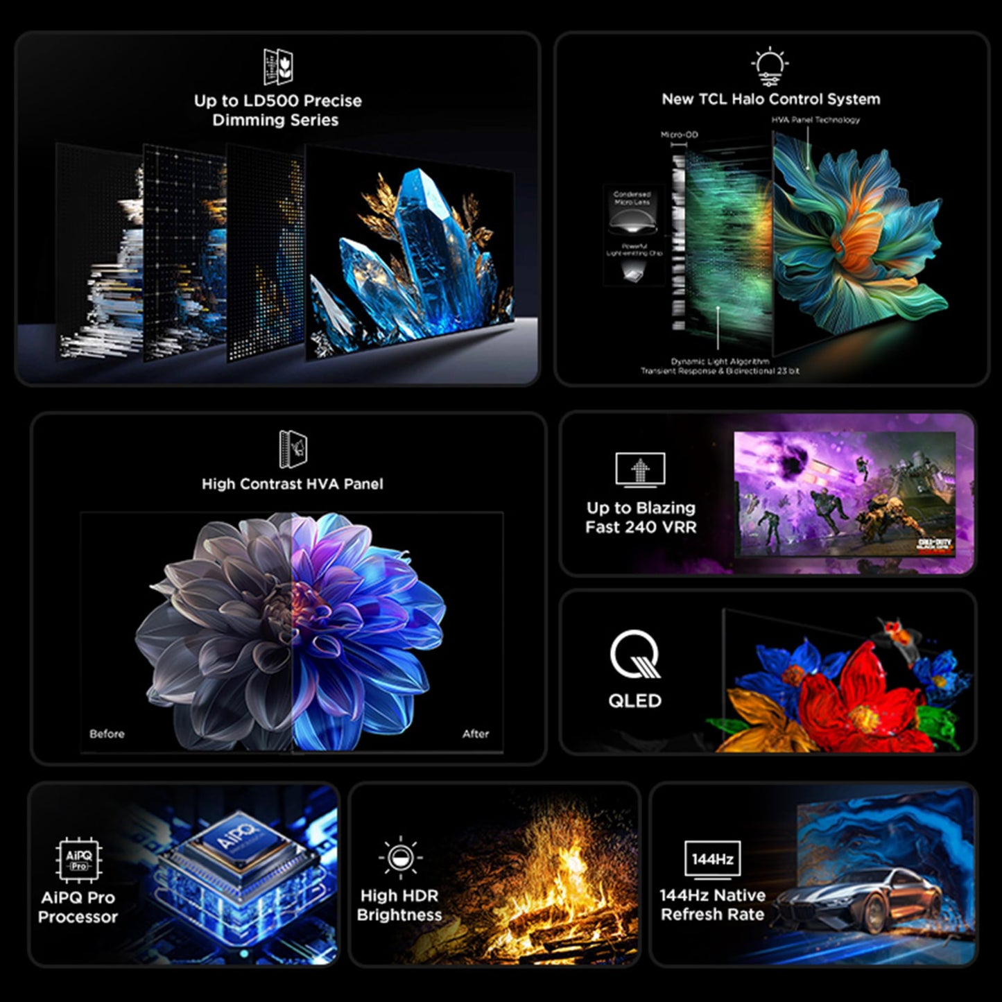 TCL 55-Inch QM6K Series QLED 4K Smart QD-Mini LED TV with Google TV (2025 Model) New Halo Control System, LD500 Precise Dimming Series, High Contrast HVA Panel, 144Hz Native Panel Refresh Rate TCL