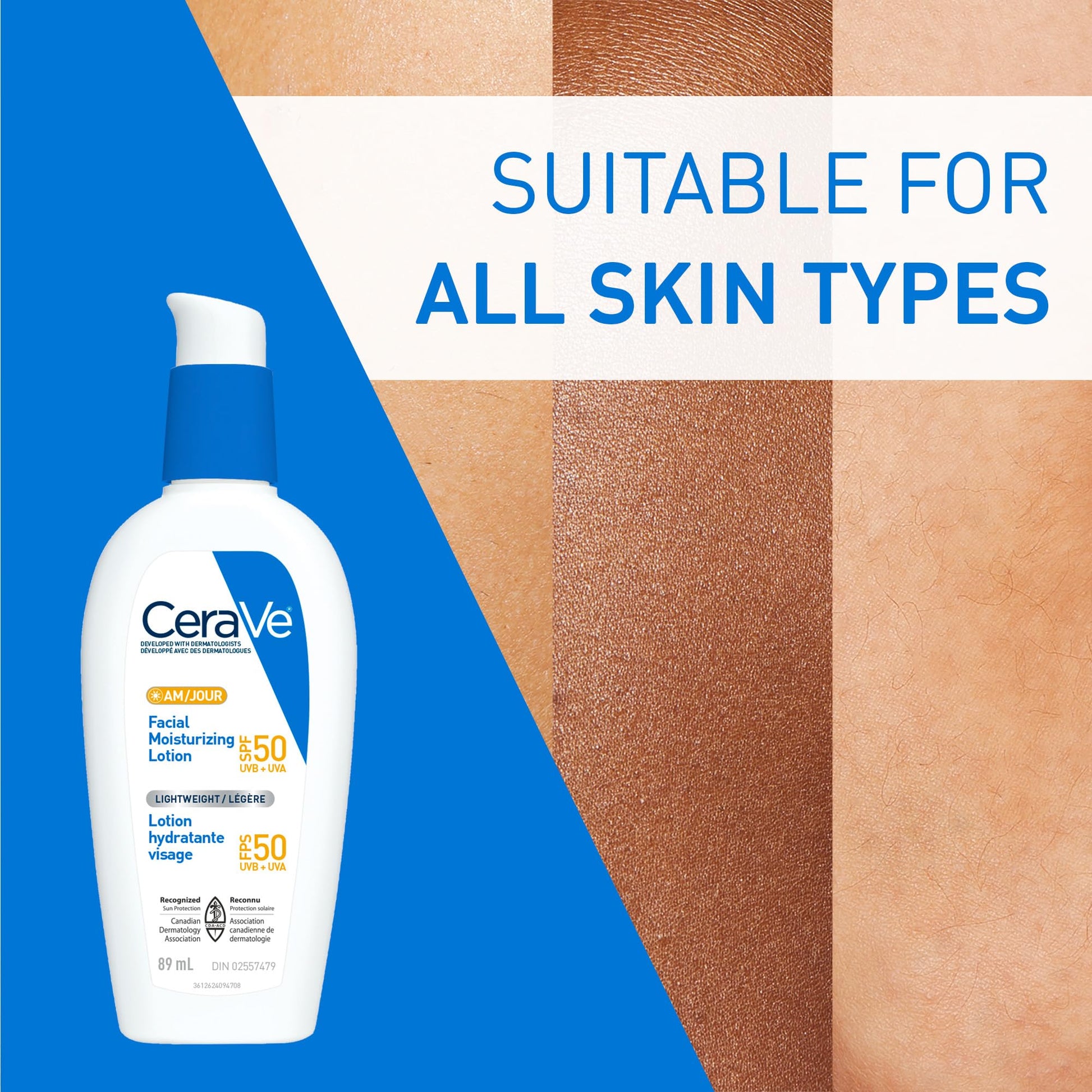 CeraVe AM Face Moisturizer SPF 50, Facial Moisturizing Lotion with Sunscreen, Hyaluronic Acid & Niacinamide, Broad Spectrum UVA+UVB Protection, No White Cast, Recommended by Dermatologists, 89mL