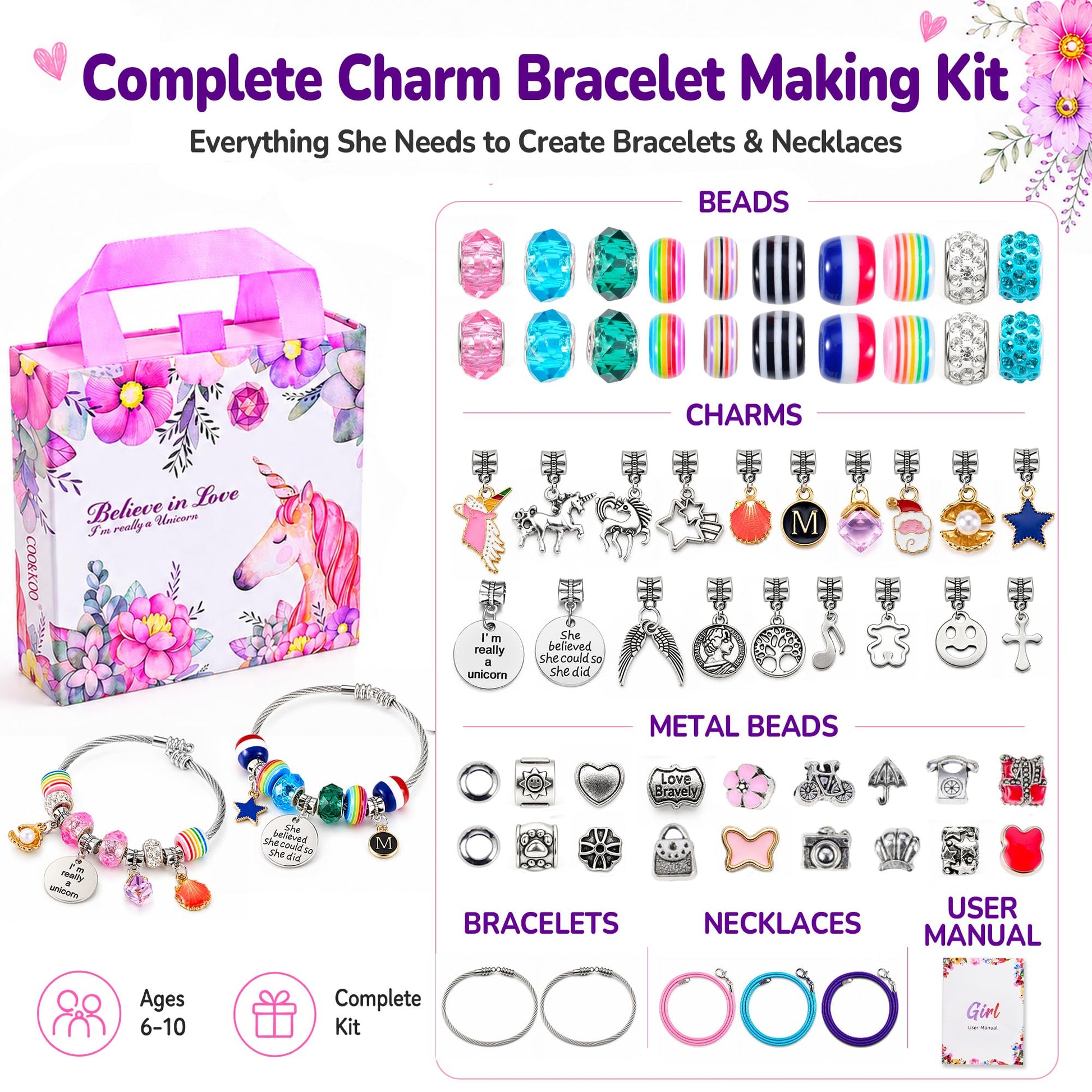 Girls Charm Bracelet Making Kit: Unicorn Toys for Girls Gifts 8-12 Years Old, Birthday Gifts 6 7 8 9 10 Year Old Girl Gift Ideas, Inspires Creativity Art and Crafts for Kids Age 6-8 Jewelry Making Set