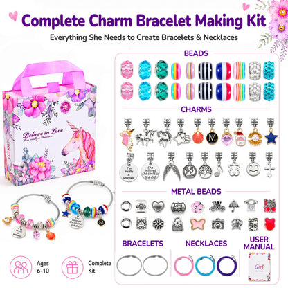 Girls Charm Bracelet Making Kit: Unicorn Toys for Girls Gifts 8-12 Years Old, Birthday Gifts 6 7 8 9 10 Year Old Girl Gift Ideas, Inspires Creativity Art and Crafts for Kids Age 6-8 Jewelry Making Set