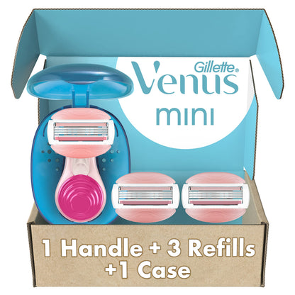 Gillette Venus Mini On The Go 1 Women's Razor Handle with 3 ComfortGlide White Tea Scent Blade Refills + 1 Travel Case, 1 Pack (Count of 5)