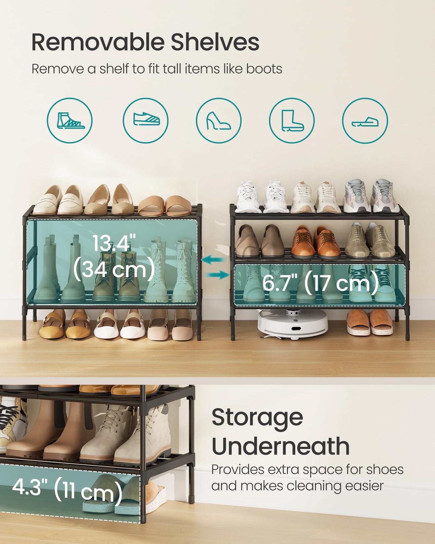 SONGMICS 3-Tier Shoe Rack for Closet, Compact Metal Shoe Organizer Shelf for Entryway, Bedroom, Small Spaces, Stackable, 11.8 x 24.5 x 19.1 Inches, Black ULSA123BH01 - Available at All In One Marketplace Canada