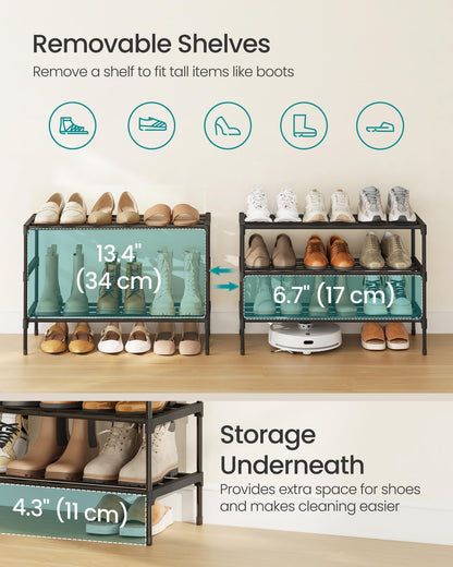 SONGMICS 3-Tier Shoe Rack for Closet, Compact Metal Shoe Organizer Shelf for Entryway, Bedroom, Small Spaces, Stackable, 11.8 x 24.5 x 19.1 Inches, Black ULSA123BH01 - Available at All In One Marketplace Canada