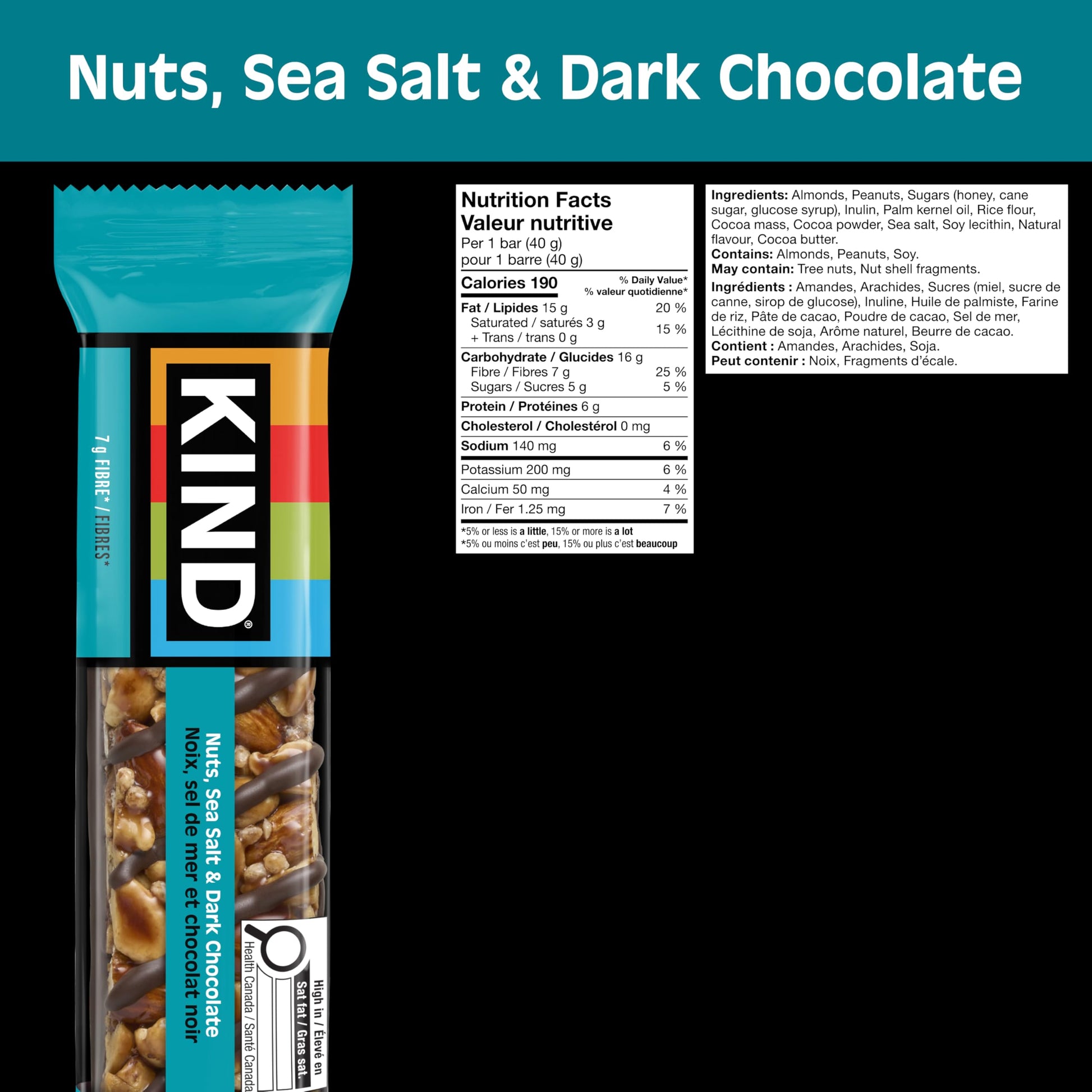KIND Healthy Snacks Bars, Nuts, Sea Salt, & Dark Chocolate, Gluten Free, Low Sugar, High Fiber Snacks, 6g Protein, 12 Count - Available at All In One Marketplace Canada