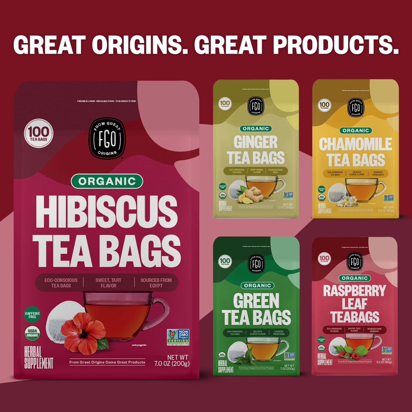 FGO Organic Hibiscus Tea - 100 Tea Bags in Resealable Eco-Friendly Packaging