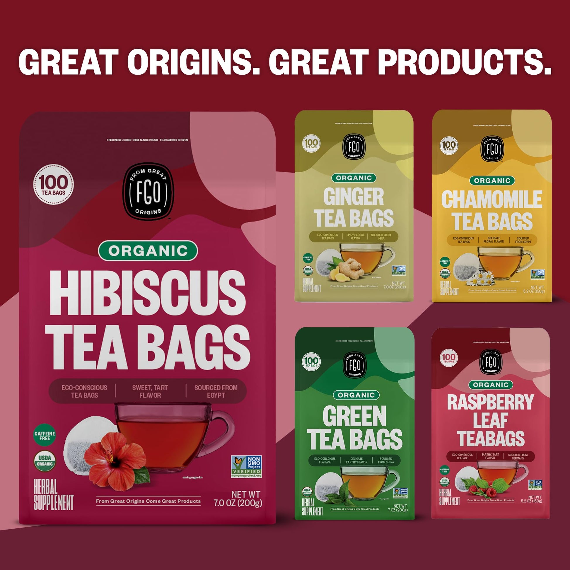 FGO Organic Hibiscus Tea - 100 Tea Bags in Resealable Eco-Friendly Packaging