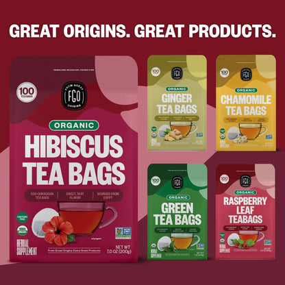 FGO Organic Hibiscus Tea - 100 Tea Bags in Resealable Eco-Friendly Packaging