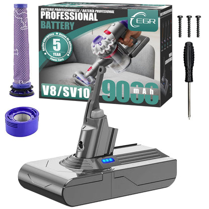 EGR Upgraded 9000mAh V8 Battery Replacement Compatible with Dyson V8 Animal/Absolute/Motorhead/Fluffy SV10 Carbon Fiber Vacuum Cleaner 2 Filters and 3 Screws Included