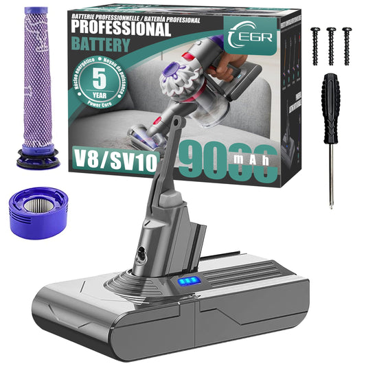 EGR Upgraded 9000mAh V8 Battery Replacement Compatible with Dyson V8 Animal/Absolute/Motorhead/Fluffy SV10 Carbon Fiber Vacuum Cleaner 2 Filters and 3 Screws Included