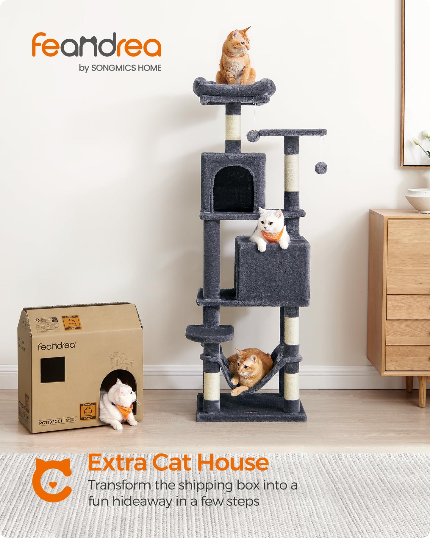 Feandrea Cat Tree Tower, 155 cm Multi-Level Cat Condo with 5 Scratching Posts, 2 Perches, 2 Caves, Hammock, 2 Pompoms, Smoky Gray UPCT192G01