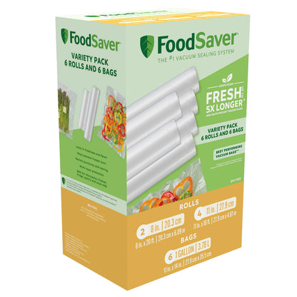 FoodSaver Vacuum Sealer Bags & Rolls, BPA-Free Combo Pack with 6 Assorted Vacuum Seal Bags and 6 Rolls for Airtight Food Storage and Sous Vide (12 Total)