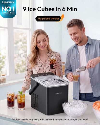 EUHOMY Countertop Ice Maker, 9 Cubes in 6 Min, Auto-Cleaning, Black
