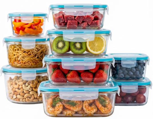 KICHLY 9 Pack Glass Container Food Storage with Airtight Lids, Leakproof Lunch Boxes, BPA-Free, Large, Small and Round Meal Prep Glass Storage Containers, Microwave Safe - Available at All In One Marketplace Canada