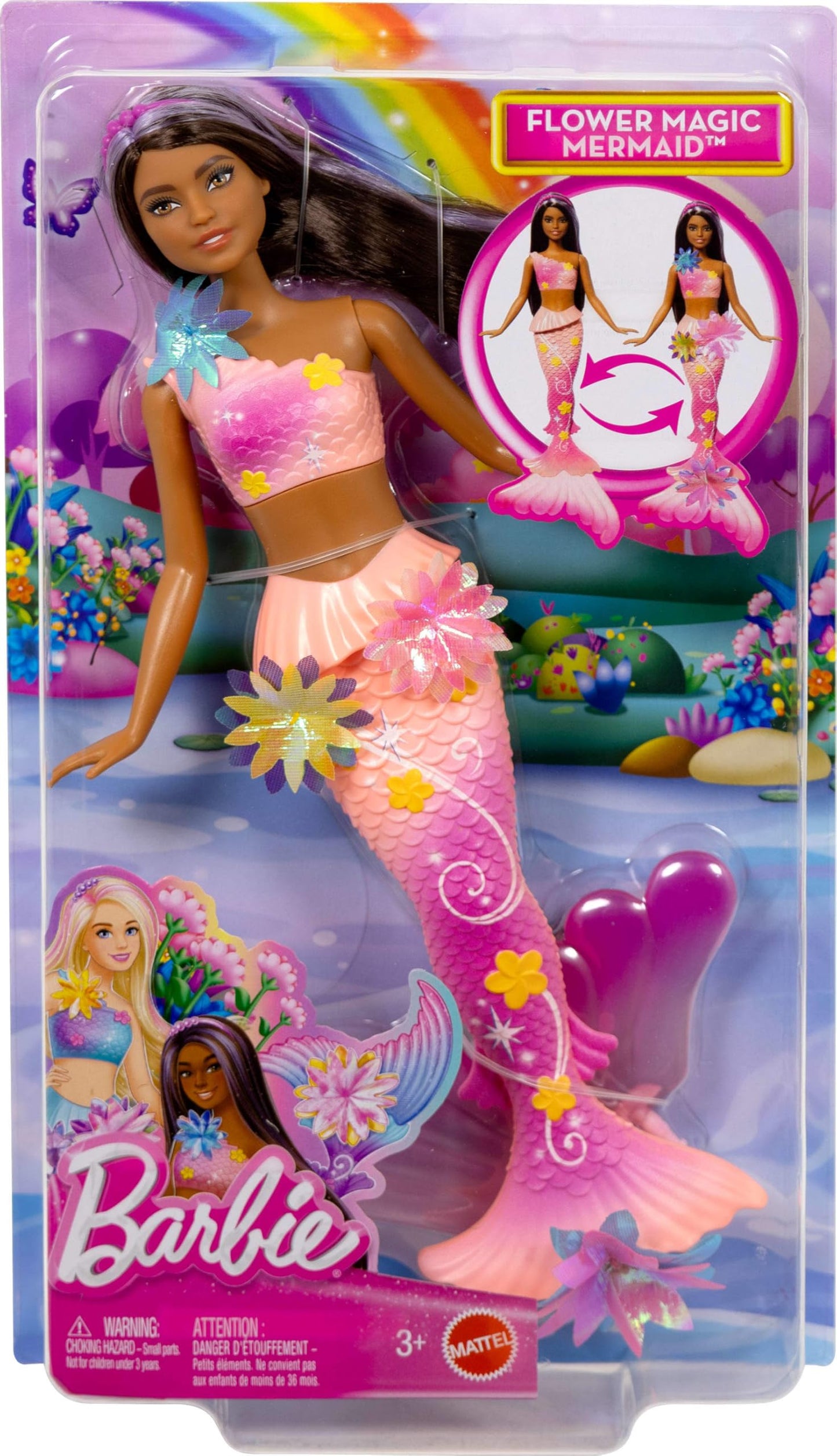 Barbie Mermaid Toy Dolls with Surprise Magic Blooming Flowers Feature, Ombre Tails, Pearl Headband Accessory & Long Brown Hair with Purple Highlights Barbie