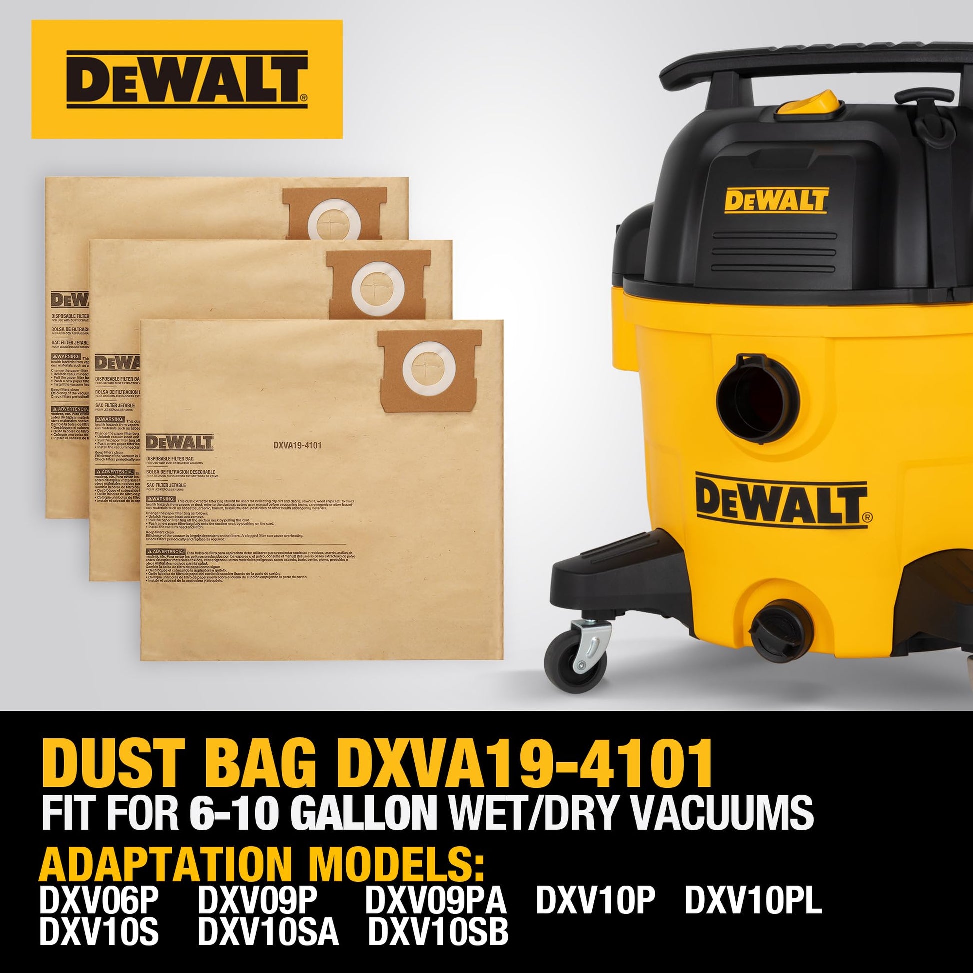 3 Pack DEWALT Dust Bag DXVA19-4101, for 6-10 Gallon Wet/Dry Vacuum, DEWALT Vacuum Bags, Compatible with DXV06P DXV09P DXV09PA DXV10P DXV10PL DXV10S DXV10SA DXV10SB DEWALT