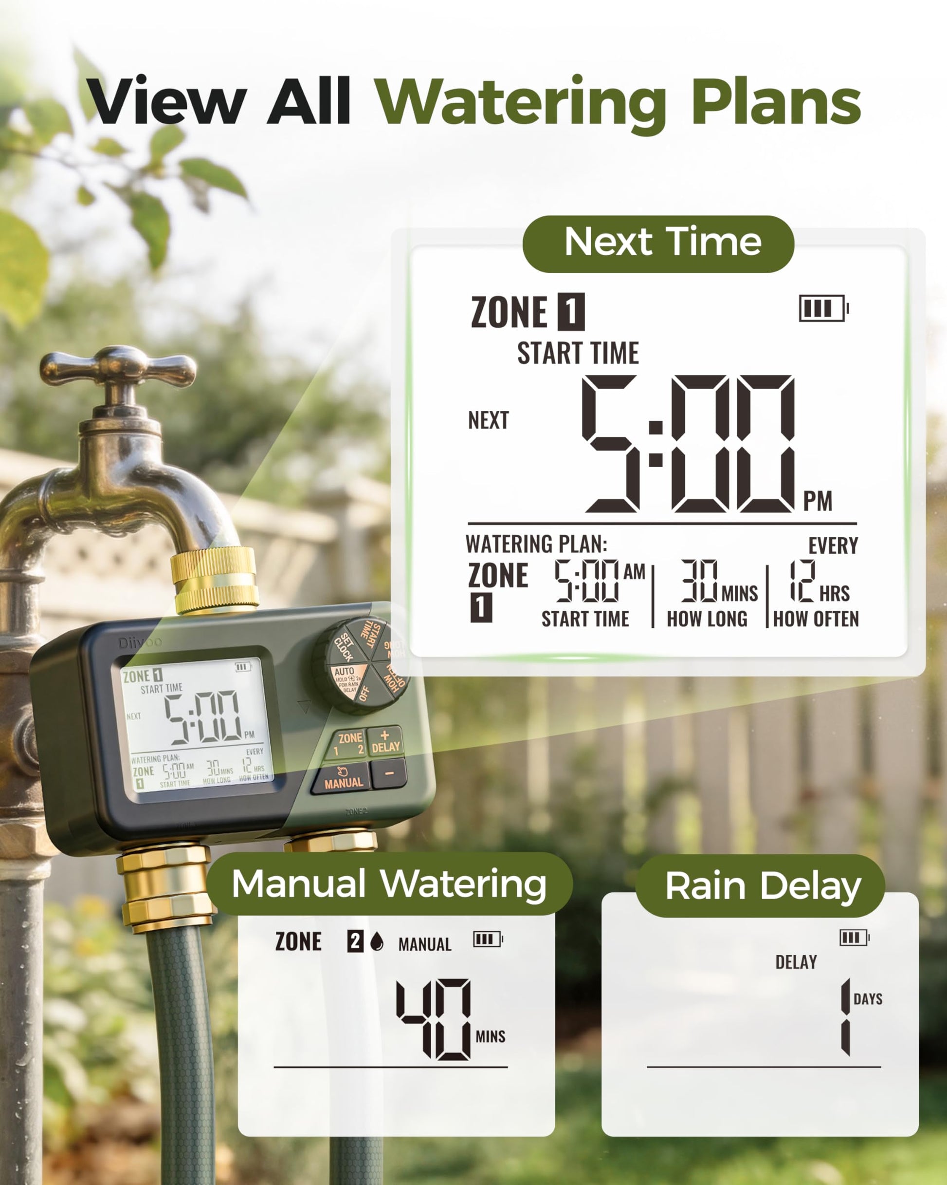 Diivoo 2 Zone Water Timer for Garden Hose, Programmable Sprinkler Hose Timer with Brass Inlet & Outlet, IP66 Waterproof, Rain Delay & Manual Mode for Irrigation, Lawn, Yard - Available at All In One Marketplace Canada