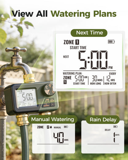 Diivoo 2 Zone Water Timer for Garden Hose, Programmable Sprinkler Hose Timer with Brass Inlet & Outlet, IP66 Waterproof, Rain Delay & Manual Mode for Irrigation, Lawn, Yard - Available at All In One Marketplace Canada