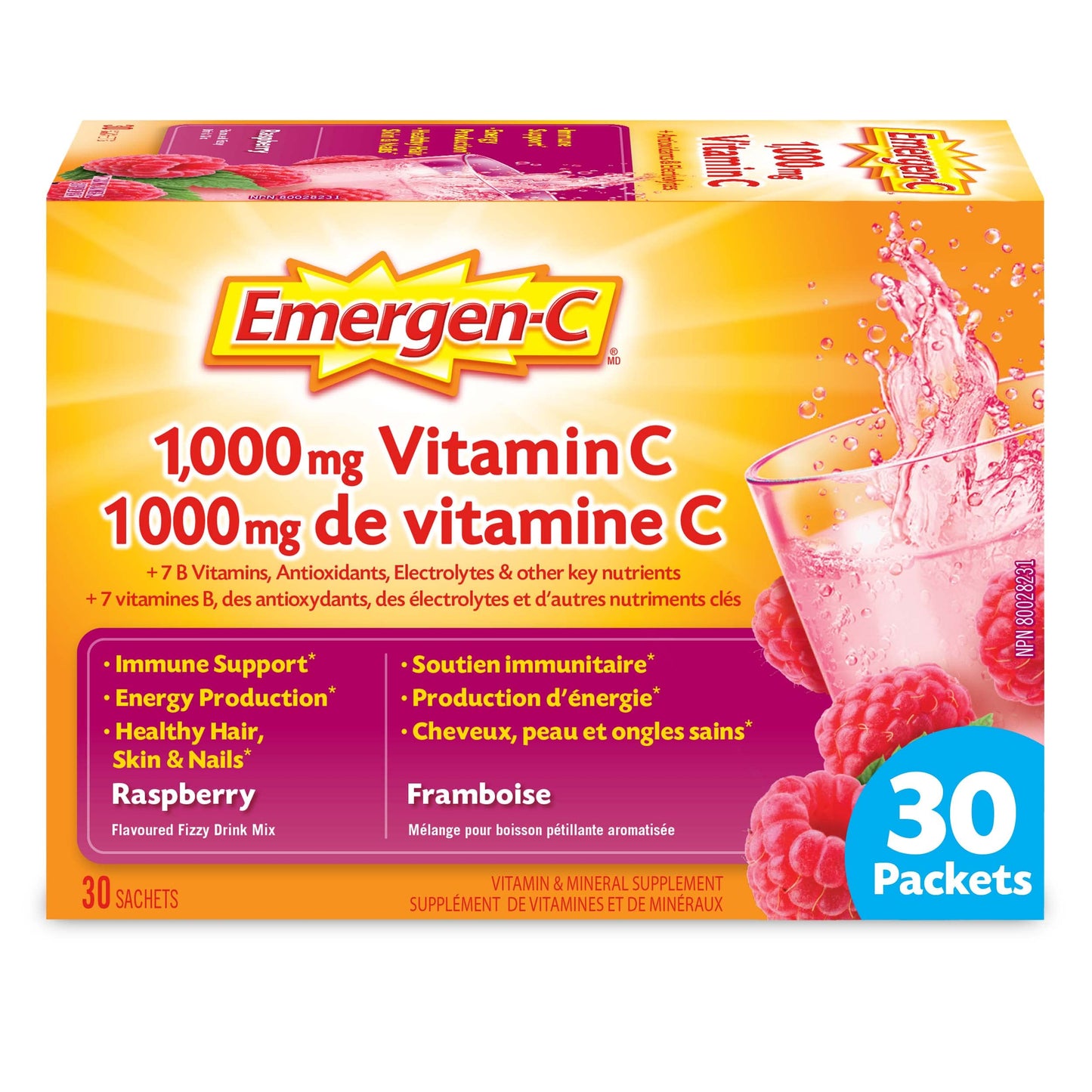 Emergen-C® Raspberry (30 Count), 1000mg Vitamin C / Electrolytes / B Vitamins Mineral Supplement - Available at All In One Marketplace Canada