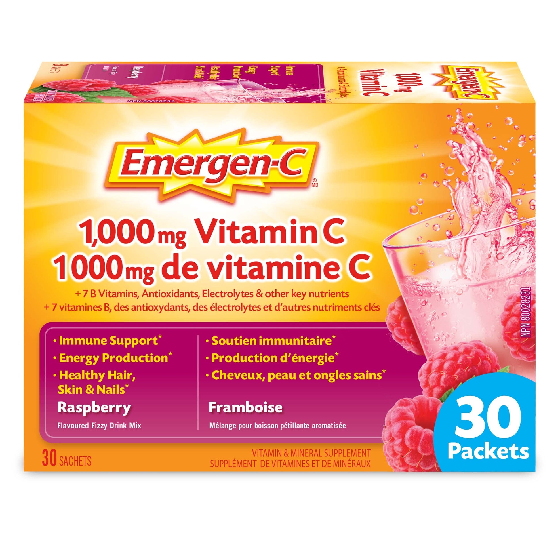 Emergen-C® Raspberry (30 Count), 1000mg Vitamin C / Electrolytes / B Vitamins Mineral Supplement - Available at All In One Marketplace Canada
