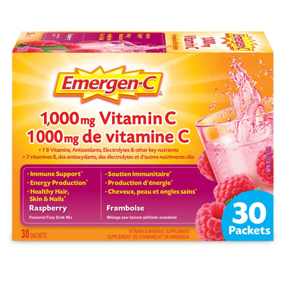 Emergen-C® Raspberry (30 Count), 1000mg Vitamin C / Electrolytes / B Vitamins Mineral Supplement - Available at All In One Marketplace Canada