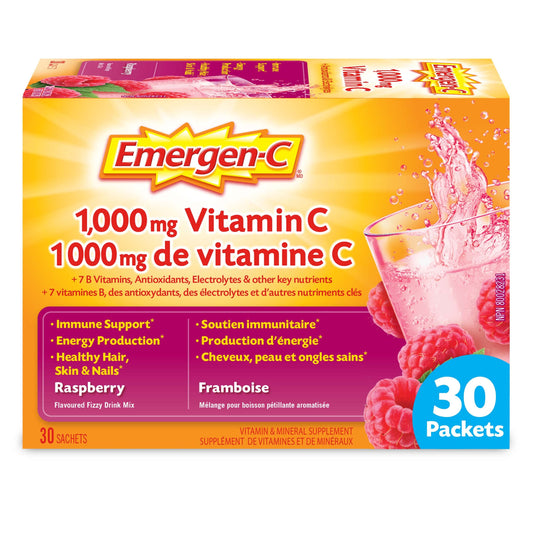 Emergen-C® Raspberry (30 Count), 1000mg Vitamin C / Electrolytes / B Vitamins Mineral Supplement - Available at All In One Marketplace Canada